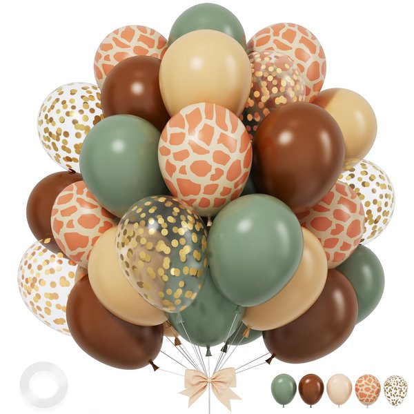 Green and Brown Balloons, 12 Inchs Sage Green Deer Print Gold Confetti Balloons for Kids Woodland Baby Shower Decorations Safari Jungle Dinosaur Theme Birthday Party Wedding Grauation Supplies