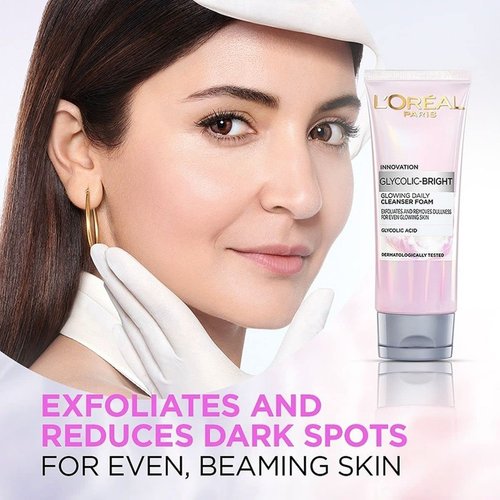 L'Oreal Paris Glycolic Bright Daily Foaming Face Cleanser, 100ml | Glycolic Acid Face Wash for Dull Skin | Daily Glowing Facial Cleanser