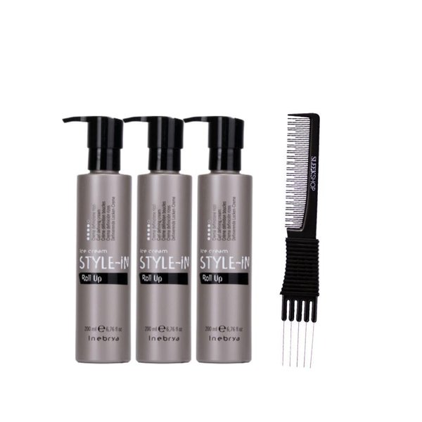 Kuss Comb + Inebrya Ice Cream Style In Roll Up Curl Defining Cream (6.76 oz) with Teasing Comb Pack of 3