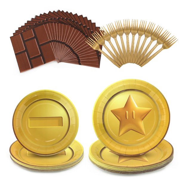 96 Pieces Super Brother Birthday Party Decorations, Golden Party Tableware Set Including Plates, Napkins, Forks Serves 24 for Baby Shower Video Game Party Supplies