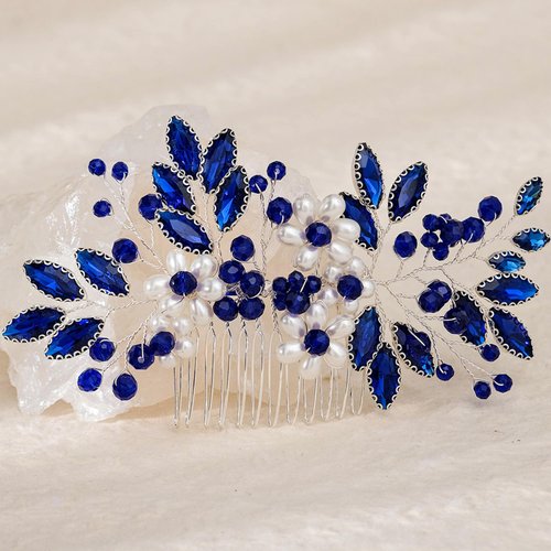 Sparkly Wedding Hair Combs, Crystal Flower Hair Clips Bride Bridesmaid Hair Sides Comb Rhinestone Barrettes, Crystal Flower Hair Pins Hair Accessories for Women Girls (Blue)