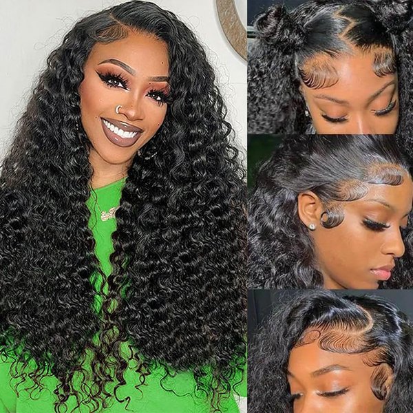 miear Deep Wave Lace Front Wigs Human Hair 180% Density HD Transparent 13x4 Deep Curly Lace Front Wigs Pre Plucked with Baby Hair Glueless Wigs Human Hair for Black Women 24Inch