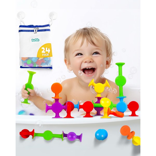 BUNMO Suction Bath Toys 24pcs | Connect, Build, Create | No Mold Bath Toy | Hours of Fun & Creativity | Stimulating & Addictive Sensory Suction Toy | No Hole Bath Toy | Mold Free Bath Toys
