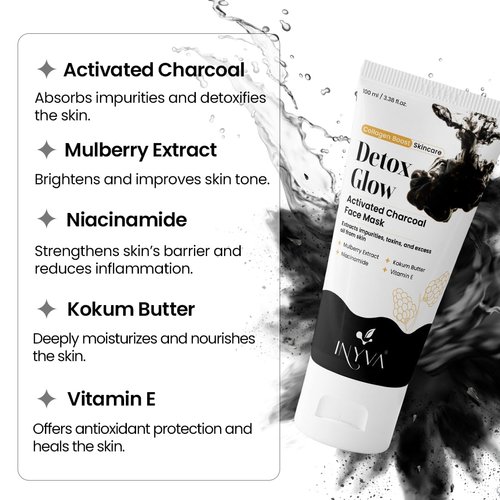INYVA DetoxGlow Activated Charcoal Face Mask | With Mulberry Extract, Niacinamide, Kokum Butter & Vitamin E | Deep Cleansing & Brightening | Hydrates & Nourishes Skin | For All Skin Types - 100ml