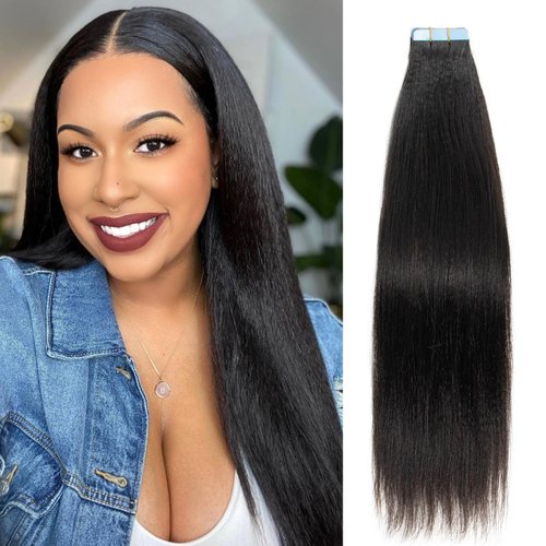 FEIPRO Tape in Hair Extensions Yaki Straight Real Remy Human Hair for Black Women,add Women Girls Bob Hair Volume,Invisible Seamless Skin Weft Thick Soft Elegance 14inch #Natural Black 40g 20pcs
