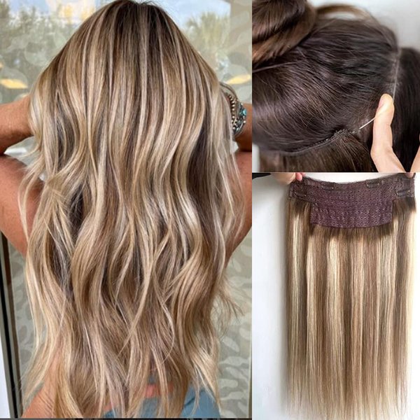 Wire Hair Extensions, Balayage Clip in Hair Extensions, Fish Line Extensions,20Inch Balayage Ash Brown to Bleach Blonde Highlights 100g Straight One Hairpiece Layered Clip in Wire Hair Extensions with Invisible Fish Line (20Inch, #8T8P613)