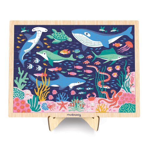 Mudpuppy’s Ocean Life 100 Piece Wood Puzzle, Includes Colorful Illustrations of Your Favorite Ocean Animals, Ages 5+, Display Stand Included, Turn Your Puzzle into Home Décor!