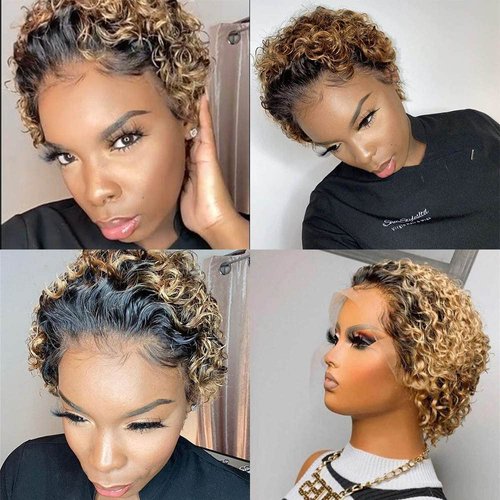 Ali Bling Blonde Pixie Cut Wig 13X1 Pixie Cut Lace Front Wigs Human Hair T30 Short Curly Human Hair Wigs for Black Women Pre Plucked Glueless Wigs Human Hair Ombre Brown Highlight Wigs Human Hair