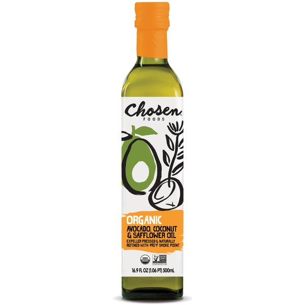 Chosen Foods Organic Avocado, Coconut & Safflower Oil, Kosher Oil for Baking, High-Heat Cooking, Frying, Homemade Sauces, Dressings and Marinades (16.9 fl oz)