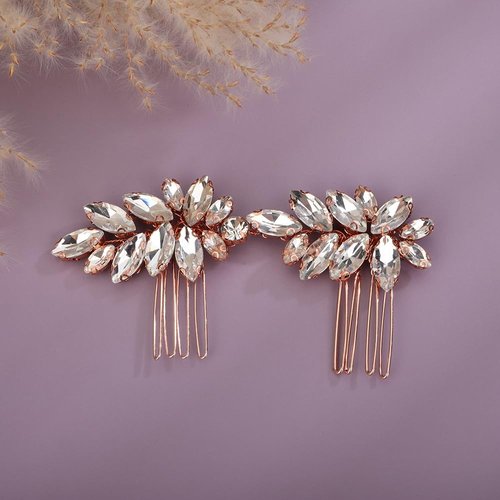 Teyglen Rhinestone Wedding Hair Comb Rose Gold Crystal Headpiece for Bride Wedding Crystal Hair Side Comb Bridal Crystal Hair Piece Rhinestone Hair Accessories for Women Girls (Rose Gold)