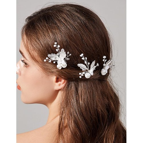 Teyglen 3pcs Flower Wedding Hair Pins Silver Leaf Flower Headpiece Hair Accessories for Bride Wedding Hair Pins Clips Bridal Crystal Beads Hair Piece for Women Flower Girls