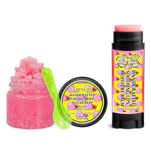 Double Bubble Gum Soothing & Luscious Lips by OverSoyed Exfoliator & Chapped Lip Repair Lip Care Combo | Artisan Handcrafted to Order Pink Bubble Gum Cherry Orange Cinnamon Banana Flavored Exfoliating Sugar Lip Scrub & Lip Moisturizer Balm Gift Set