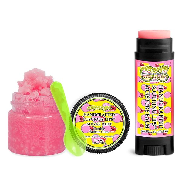 Double Bubble Gum Soothing & Luscious Lips by OverSoyed Exfoliator & Chapped Lip Repair Lip Care Combo | Artisan Handcrafted to Order Pink Bubble Gum Cherry Orange Cinnamon Banana Flavored Exfoliating Sugar Lip Scrub & Lip Moisturizer Balm Gift Set