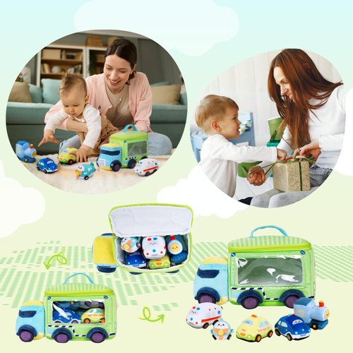 OUOZZZ Baby Boy Toys 6-12 Months - Soft Cars for Toddlers 1-3 - Little Blue Truck Plush Toys for Babies- First Birthday Gifts for Infant - Stuffed Car with Squeaker, Bell Ringing Sensory Toys Playset