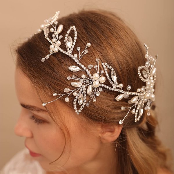 Jumwrit Wedding Headband Handmade Rhinestone Crystal Headband Bridal Pearl Headpiece Bridal Hair Accessories for Wedding Bride and Bridesmaid（Gold）