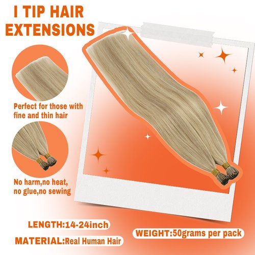 Sunny Hair Blonde Highlight Itip Hair Extensions 20inch I Tip Extensions Human Hair Golden Blonde Highlight Medium Blonde Pre Bonded I Tip Hair Extensions Blonde Highlight Hair Extension I Tip 50s 50g