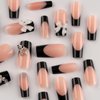 Black French Tip Press on Nails Medium Fake Nails Square Full Cover Glue on Nails Bow-Knot Star Designs Cute False Nails Glossy Stick on Nails for Women Girls Acrylic Manicure Salon 24Pcs