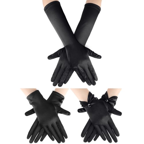 3 Pairs Women's Long Satin Gloves Elbow Length 1920s Opera Bridal Gloves Short Wrist Length Stretchy Gloves with Pearl (Black)