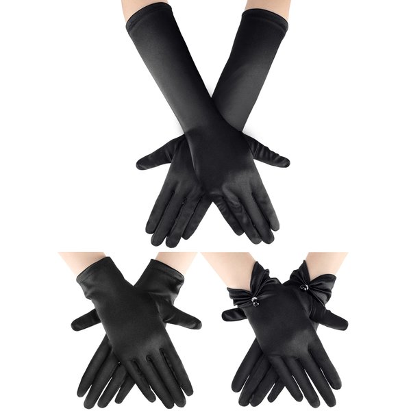 3 Pairs Women's Long Satin Gloves Elbow Length 1920s Opera Bridal Gloves Short Wrist Length Stretchy Gloves with Pearl (Black)