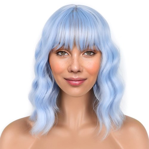 LANICE Light blue Short Bob Wigs with Bangs for Women Loose Wavy Hair Shoulder Length Wigs Synthetic Colorful Wigs for Cosplay Daily PartyUse(Light blue，12inch)