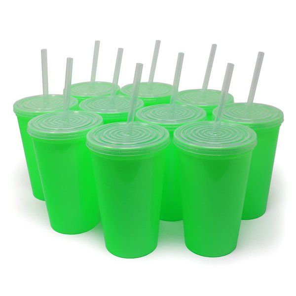 Rolling Sands 22 oz Reusable Plastic Cups with Lids, 10 Pack, USA Made Lime Green Tumblers; Includes 10 Reusable Straws; Dishwasher Safe