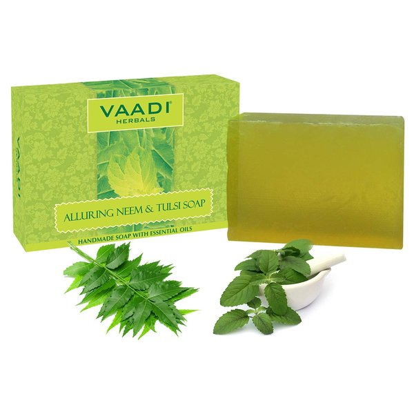Vaadi Herbals Neem Tulsi Bar Soap with Tea Tree Oil - Handmade Herbal Soap with 100% Pure Essential Oils - ALL Natural - Each 2.65 Ounces - Pack of 3(8 Ounces)