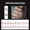 ANDGING French Tip Press on Nails Coffin Short Medium Black Fake Nails with Glitter Curved Line Design Glue on Nails for Women Acrylic Gel Stick on Nails with Glue False Nails for Wedding Birthday K6