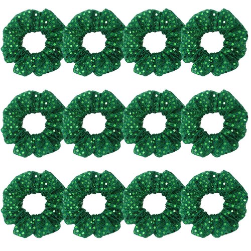 12 Pcs Glitter Cheer Christmas Sequins Hair Scrunchies Santa Claus Dance Scrunchie School Performance/Sports/Practice/Party Scrunchie Ponytail Holder Wrist for Girls Show (Green)