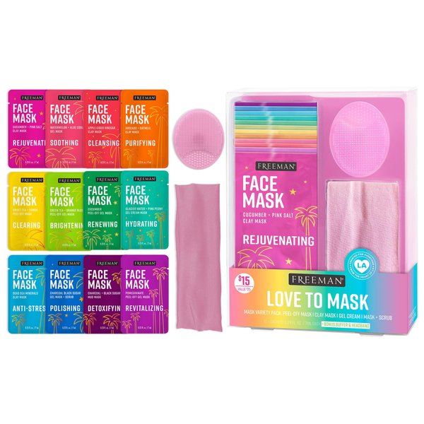 Freeman Facial Love To Mask Variety Pack: Oil Absorbing Clay, Detoxifying Charcoal, Clearing Peel Off, Hydrating Gel Cream, Exfoliating Scrub, 14 Piece Kit with Bonus Buffer and Headband