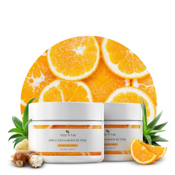 Tree to Tub Shea Body Butter for Dry, Extremely Dry, Sensitive Skin - Moisturizing Body Cream for Women & Men, Hydrating Body Lotion Moisturizer w/Vitamin C, Organic Cocoa, All Natural Citrus Scent