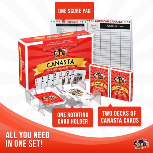 All7s Deluxe Canasta Cards Set with Point Values on Cards, Score Pads and Rotating Card Holder - Voted One of The Best Board Games for 2 People