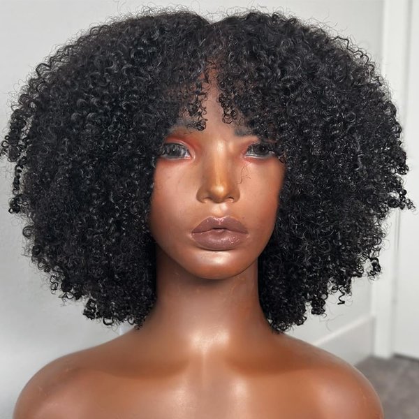 YOUNG BEAUTY Afro Kinky Curly Wigs with bangs 200Density Brazilian Human Hair Wigs for Black Women Glueless Curly Human Hair Bangs Wig Scalp Top Machine Made 18inch Natural Color
