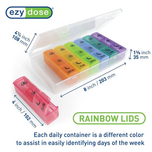 Ezy Dose Weekly (7-Day) Pill Case, Medicine Planner, Vitamin Organizer Box, Convenient and Easy to Use, X-Large Pop-Out Compartments, 3 Times a Day, Rainbow Lids with Case, BPA Free
