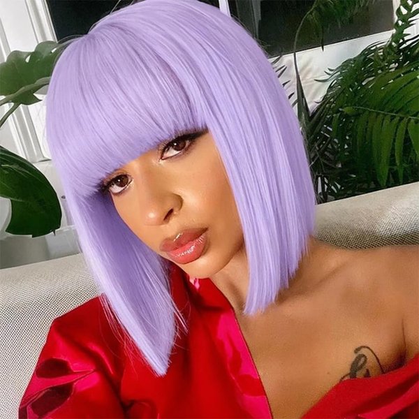 Quick Wig Short Bob Wig with Bangs Purple Wigs Short Straight Wig Colored Wigs Heat Resistant Synthetic Lavender Purple Wig Party Cosplay Wigs for Women