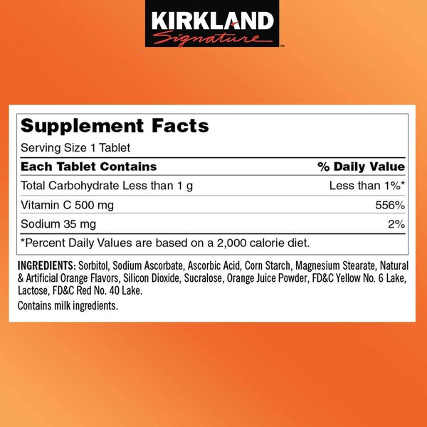 Kirkland Vitamin C (500 mg), Tangy Orange, Chewable Tablets, 500 Count