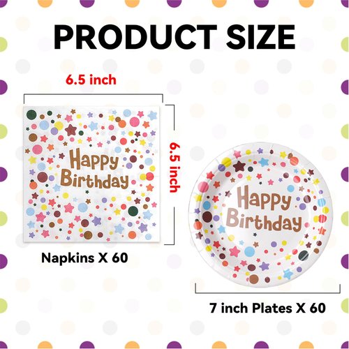 120 Pcs Happy Birthday Party Paper Plates 60 Pcs 7 Inch Disposable Polka Dots Plates 60 Pcs Napkins Set Birthday Cake Plates Paper Dessert Plates for Birthday Party Theme Decorations Favors Supplies