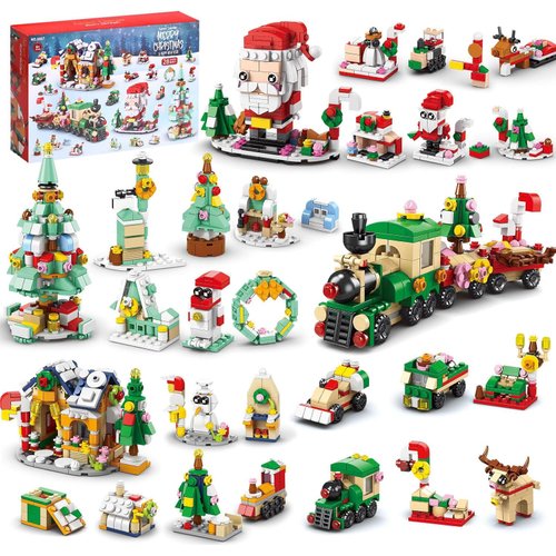 Utbttor Christmas Building Blocks Set for Kids, 24 Days in 1 Christmas 2024 Surprise Advent Calendar Includes Santa Claus Christmas Tree Train House Blocks Toys, Ideas Gift for Boy Girl 6-12+ Year