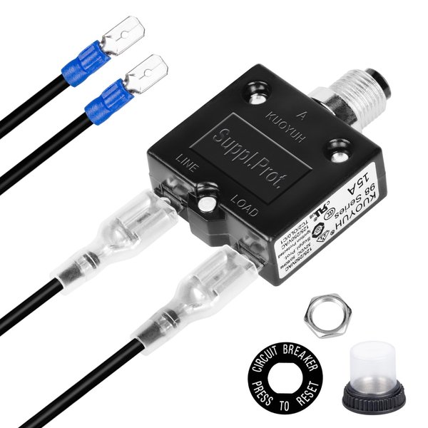 Push Button Circuit Breaker 15 Amp, Fuse Tester, Auto Trip, Manual Reset 32V, Low Voltage Protection with Waterproof Cap