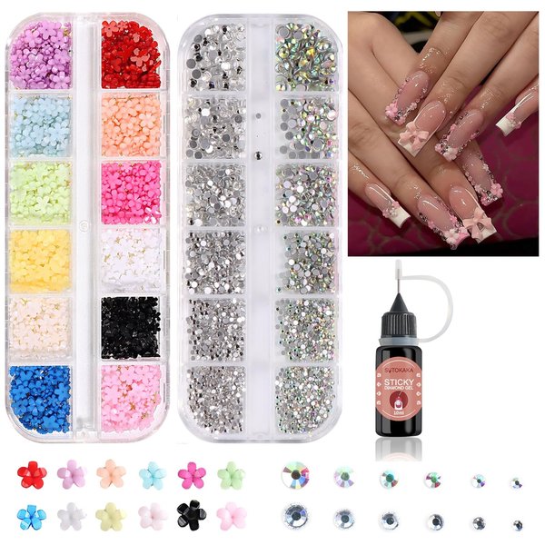 SUTOKAKA 3D Flower Nail Charms Rhinestone Gems Kit Assorted Acrylic Floral Nail Art Charm Crystal AB Flatback Rhinestones with Glue Gel for Manicure Design Face Eyes Makeup Jewelry Crafting