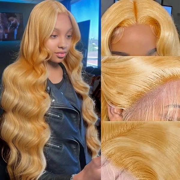 SOSATISFY Body Wave Honey Blonde Wig Human Hair 13x4 Honey Blonde HD Lace Front Wig Human Hair 200% Density 27# Colored Human Hair Wigs Pre Plucked with Baby Hair (28 inch)