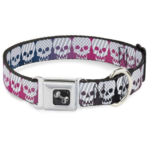 Dog Collar Seatbelt Buckle Checker Stripe Skulls Gradient Blue Fuchsia 16 to 23 Inches 1.5 Inch Wide