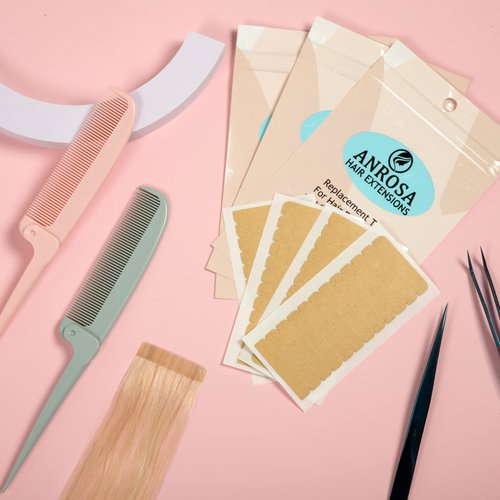 Anrosa Double Sided Tape for Hair Extensions Replacement Tape Adhesive Hair Extension Tapes， Hair Extension Tapes for Hair Extensions Wigs Supplies 72 Tabs (4cm x 0.8 cm) with Rat Tail Parting Combs