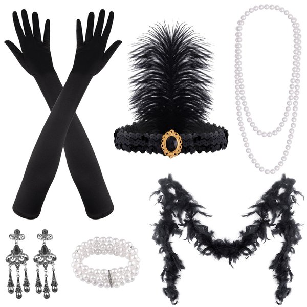 FEPITO 9 Pcs 1920s Accessories Set Flapper Headband Necklace Earrings Long Black Gloves Boa Great Gatsby Theme Party Accessories for Women（Set G）
