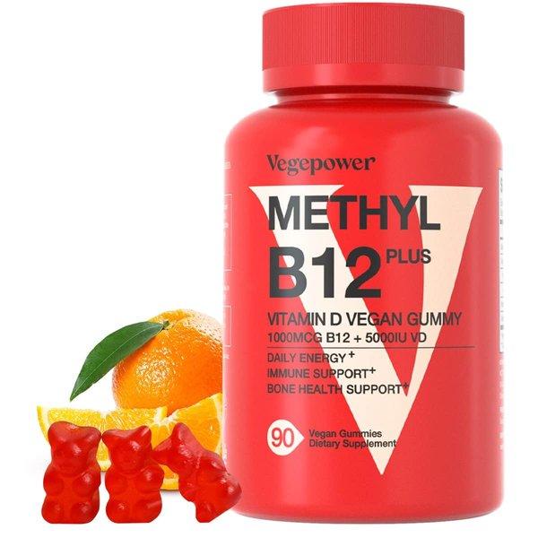 Vegan Vitamin B12 Gummies with Vitamin D - 90 Count I 1000 MCG Methyl B-12 & D3 5000 IU Chewable Gummies Supplements for Adults & Kids - Supports Bone Health & Daily Energy Boost - Non-GMO, Orange