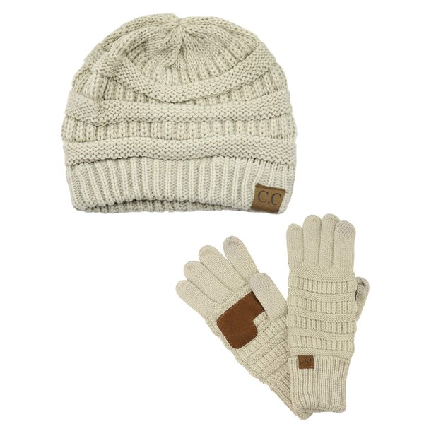 C.C Unisex Soft Stretch Cable Knit Beanie and Anti-Slip Touchscreen Gloves 2 Pc Set, Beige