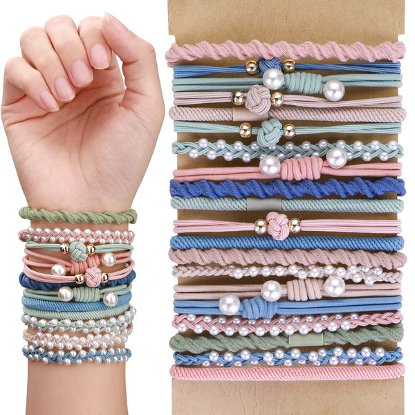 20Pcs Bracelet Hair Ties, 5 Styles Boho Hair Ties Bracelets for Women/Girls Ponytail Holders, No Damage Rubber Band Hair Elastics for Thick Hair