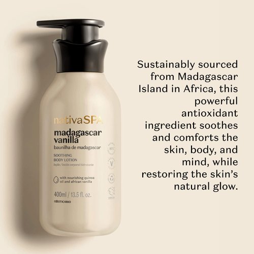 Nativa SPA by O Boticário, Madagascar Vanilla Moisturizing Body Lotion, Fragranced Skin Moisturizer with Purified Quinoa Drops, 13.5 Ounce