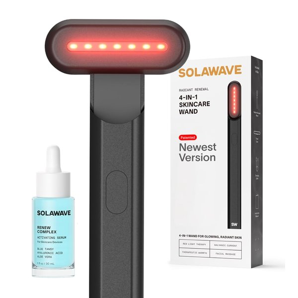 Solawave 4-in-1 Radiant Renewal Wand and Serum Bundle, Face Skincare Wand with Facial Massager, Facial Wand with Renew Complex Serum (Matte Black)