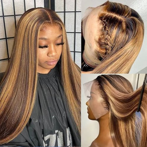 CLong Highlight Ombre Lace Front Wig Human Hair, 13x4 Straight 4/27 Honey Blonde HD Lace Front Wig Human Hair Pre Plucked 150% Density Colored Lace Front Wigs for Black Women 22Inch