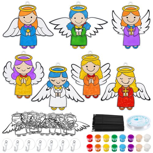 Poen 28 Sets Christmas Angel Suncatcher Crafts Color Your Own Angel Suncatcher Winter Coloring Suncatcher Ornaments Hanging Paint Art Kit Decor for Home Holiday Decoration Activity Party Favors
